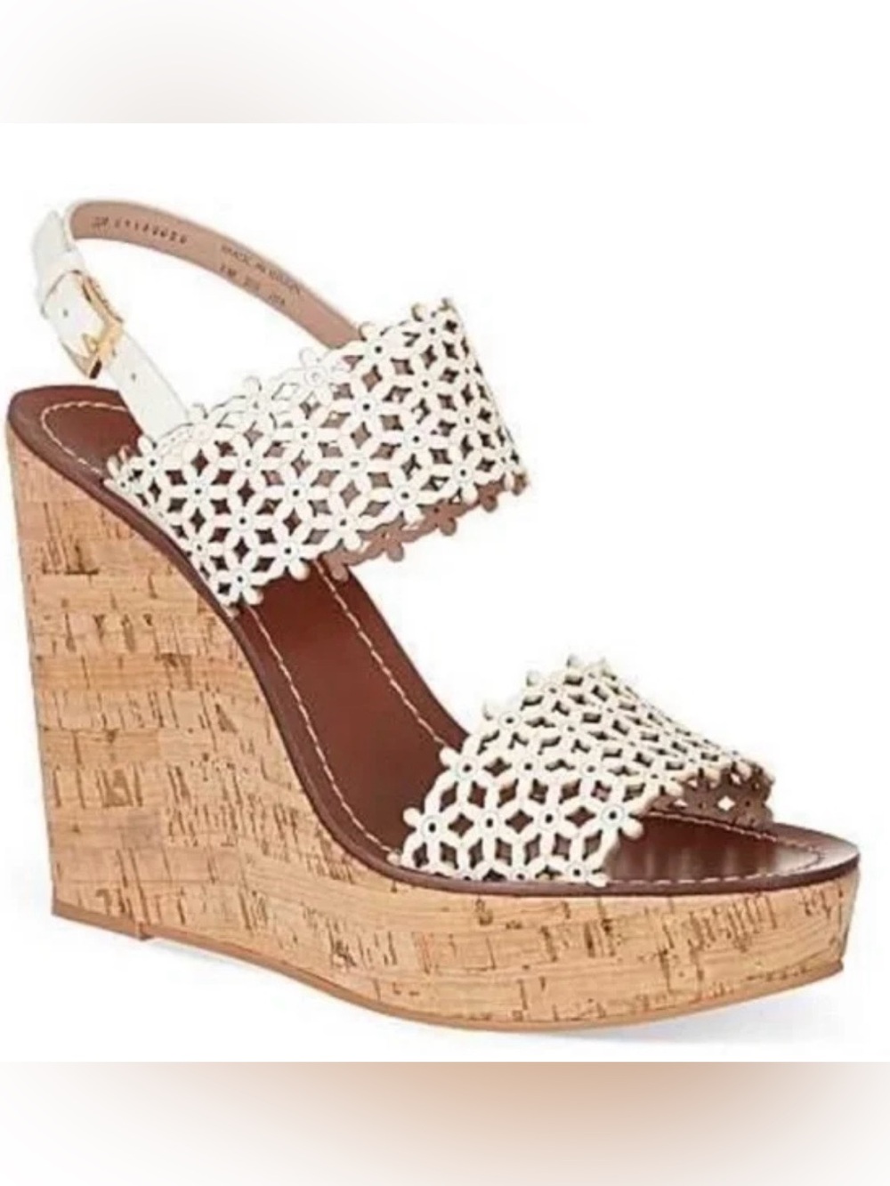 Tory Burch White Laser-Cut Leather Cork Wedge Sandals